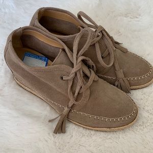 Crown Vintage Ankle Boots Brown Suede Hidden Wedge Tassel Lace Up Moccasin 8M